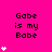 Pixelated text "Gabe is my Babe" on bright pink background with white heart symbols in vertical