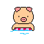 Pixelated pig in red-and-white striped swim trunks with blue water effects, showing six distinct poses across two