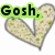 Pixelated heart-shaped icon with green and beige patterned fill, displaying text in green and black pixelated font across three