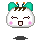 Pixel art character with white rounded head, brown hair, green bow, pink cheeks, and open mouth; two versions show different eye expressions.