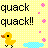 Pixelated yellow duck with orange beak and black feet stands on light yellow checkered background, text reads 'quack quack!!' in bold black letters above.