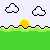 Pixelated landscape with two clouds, a sun, and green terrain on light blue background.