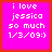 Four identical pink square with white text reading 'i love jessica so much 1/3/09:)' arranged in a on a red background