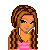 Pixel art of a female character with brown braided hair, wearing pink striped top and pink pants, shown in three views: full face, torso, legs.