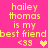 Pixelated text on bright pink background reads 'hailey thomas is my best friend' with '<33' and heart symbols, two versions differ in heart color.