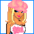 Pixel art of a blonde woman with pink hair accessory, white crop top reading 'pou', dark pants, and belly button ring across multiple views