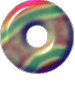 A circular object with a central hole displays swirling rainbow colors including red, green, blue, and yellow on a gray background.