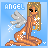 Pixel art angel icon with four animation frames showing subtle pose and sparkle variations on a blue background.