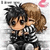 Pixelated anime-style icon of two characters embracing, one with black spiky hair and the other with brown wavy hair, both in striped shirts.