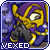 Pixelated cartoon character with purple hood and yellow accents, holding black gloves near face against purple skull-patterned background.