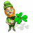 Animated pixel art of a leprechaun holding a four-leaf clover, cycling through multiple poses with varying arm positions and facial expressions.
