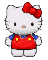 White cat with red bow, blue shirt, and red overalls in six pixelated poses showing varied arm positions.