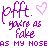 Pixelated purple and pink text with heart symbols on white background, repeating 'pfft. you're as fake as my nose' in two