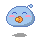 Four pixelated blue blob characters with closed eyes, pink cheeks, and orange mouths, each with a small blue bubble on top, arranged in a on a gray background