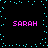 Black background with cyan pixel dots forming a border and scattered pattern, four instances of pink text 'SARAH' in pixelated font.