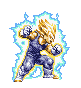 Pixelated character with spiky golden hair and blue armor-like clothing in four sequential poses, each surrounded by a glowing cyan aura.
