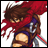 Pixelated anime character with brown hair and red headband, wearing purple top and brown straps, holding sword-like object against white and black background.