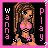 A 3x3 grid of pixel art frames showing a cartoon woman with long brown hair in various poses, wearing a pink bikini top and black bottoms, surrounded by text elements on a black background with pink borders.