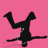 Black silhouette of a person performing breakdance moves against a solid pink background with a gray rectangle in the bottom right corner.