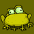 Yellow cartoon frog with large green eyes and a rounded body, shown in six sequential poses against a solid brown background.