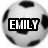 A grayscale soccer ball with black patches and a central rectangular text box displaying 'EMILY' in white capital letters on a black background.
