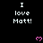 Pixelated text "I love Matt!" repeated across a black background with pink heart symbols, partially obscured by a gray overlay.