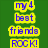 Green background with blue text reading 'my 4 best friends ROCK!' and 'Angela Philip Adam & Anna' above three pixelated faces.