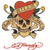 Pixelated tattoo-style icon with skull, heart, and crossed bones; two versions show blue text overlays reading 'Sara' and 'Rocks!' over the design.