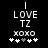 Black background displays white text 'I LOVE TZ' above 'XOXO', with five heart symbols below; one central heart is gray while others are white.