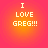 Four identical pixelated text on a gradient background, each displaying 'I LOVE GREG!!!' in white block letters