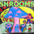 Pixelated cartoon mushroom house with pink stem and blue cap, surrounded by smaller mushrooms and flowers under a yellow crescent moon.
