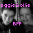 Pixelated grayscale image of two people with pink text reading 'eggieBollie' and 'BFF' overlaid on a black background.