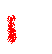 Pixelated red, blue, and green shapes form a U- or D-shaped frame with yellow top border; black circular symbol appears in center of lower frame.