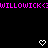 Pixelated text in bright pink reads 'WILLOWICK<3WILLOWICK<3' above two white heart icons on a black background.