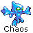 Pixelated blue and purple character with green eyes, arms outstretched, standing above the word 'Chaos' in blocky black text.