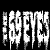 Pixelated black-and-white static icon featuring stylized text with dripping effects and irregular edges on a solid black background.