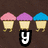 Pixelated ice cream cone icons with pink, purple, and blue toppings arranged in two above black-and-white text elements on a brown background