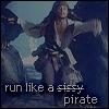 A pixelated figure with long hair in a flowing white shirt and dark pants stands with arms outstretched against a blue-toned background, text below reads "run like a sissy pirate".