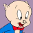 Pixelated cartoon character with large eyes, red bow tie, blue shirt, and bald head against purple background.