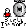 Animated contact sheet showing 12 frames of a pixel art buddy icon sequence featuring a stick figure, disco ball, and Earth explosion effects with repeated text "Blow Up The World".