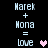 Two side-by-side pixelated text compositions on black background, each showing 'Harek + Nona = love' with a heart symbol next to the word 'love'.