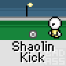 Animated contact sheet showing 25 sequential frames of a pixel art stick figure performing a kick animation on a green track with blue sky background, each frame labeled "Shaolin Kick" below the action.