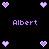 Pixelated purple hearts and text on black background, two versions of 'Albert' in different shades.