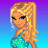 Pixelated cartoon character with long blonde hair in a high ponytail wearing a blue-green strapless dress against a purple-to-blue gradient background, next to text reading "Hottie With A Body" on solid blue.