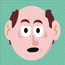 Six pixelated cartoon faces with pink skin, brown hair on sides of head, and orange ear details against teal background showing varied mouth shapes.