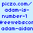 Pixelated text with blue and purple characters on light blue background, showing repeated patterns of 'piczo.com/', 'adam-is-', 'number-1', 'eewebscom', and 'adam-aidan' in static layout
