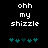 Pixelated text 'ohh my shizzle' in white on black background with teal heart symbols below, two variations of the hearts' arrangement.
