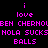Pixelated text in bright pink on black background, repeating 'i love BEN CHERNOBEN CHERNOLA SUCKS BALLS' across two identical vertical