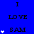 Blue background with black text "I LOVE SAM I" repeated in a , white star symbols appear and multiply on the left side of each