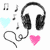 Pixelated icon features black headphones with gray cord, two hearts (light blue and pink), and five musical notes on white background.